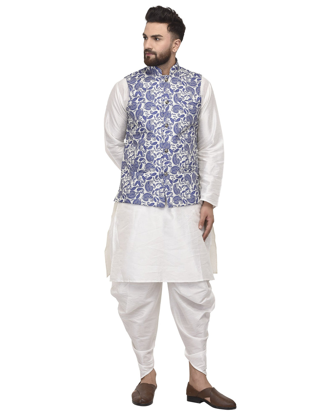 Men's White Kurta With Dhoti & Blue Printed Nehru Jacket - Benstoke