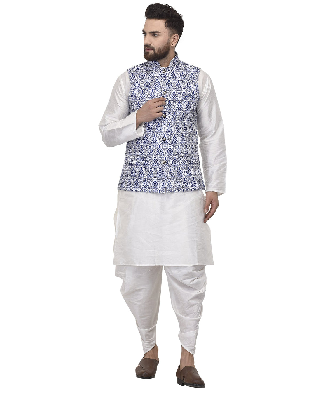 Men's White Kurta With Dhoti & Blue Printed Nehru Jacket - Benstoke