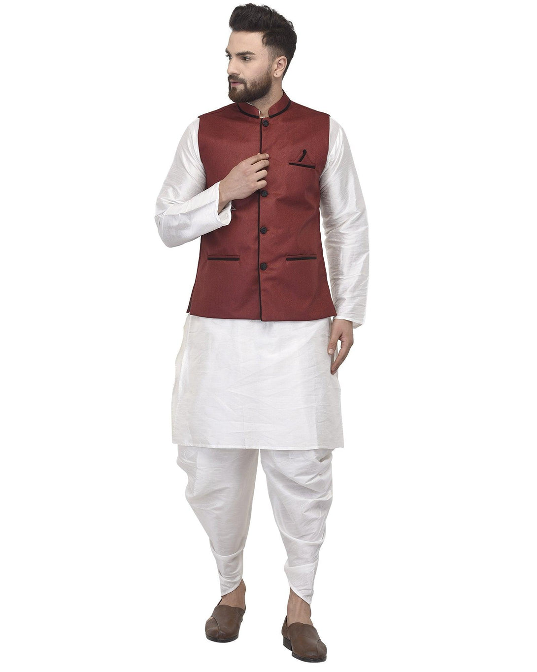 Men's White Kurta With Dhoti & Maroon Solid Nehru Jacket - Benstoke - Indiakreations