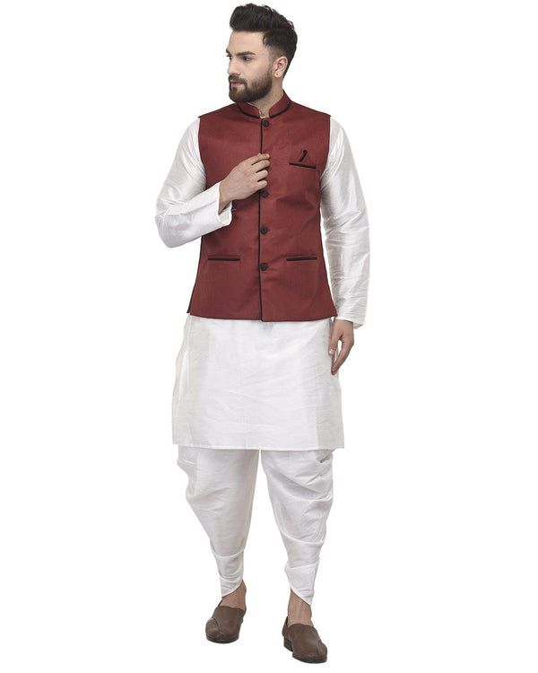 Men's White Kurta With Dhoti & Maroon Solid Nehru Jacket - Benstoke - Indiakreations