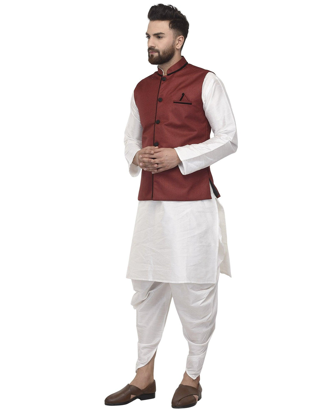 Men's White Kurta With Dhoti & Maroon Solid Nehru Jacket - Benstoke - Indiakreations