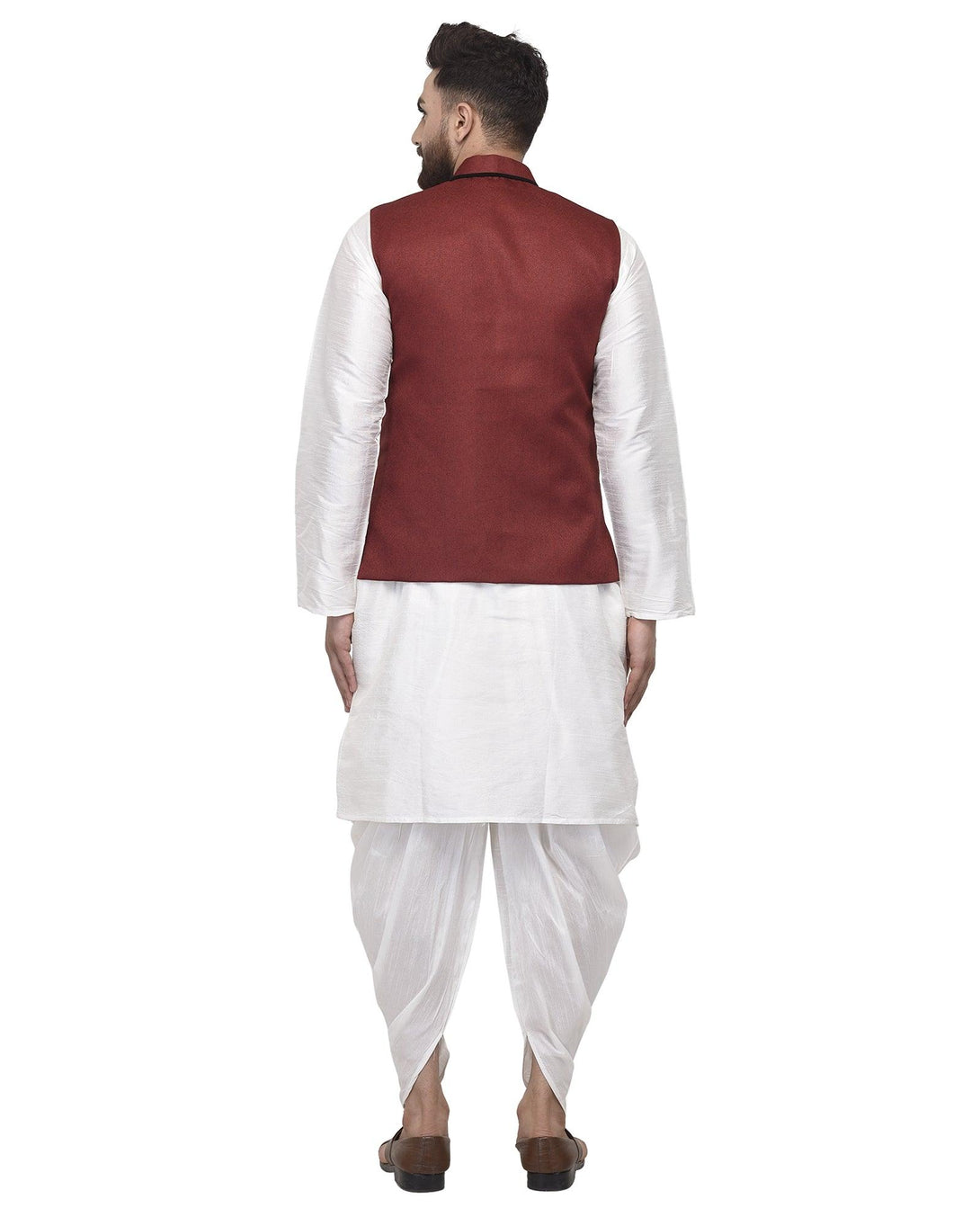 Men's White Kurta With Dhoti & Maroon Solid Nehru Jacket - Benstoke - Indiakreations