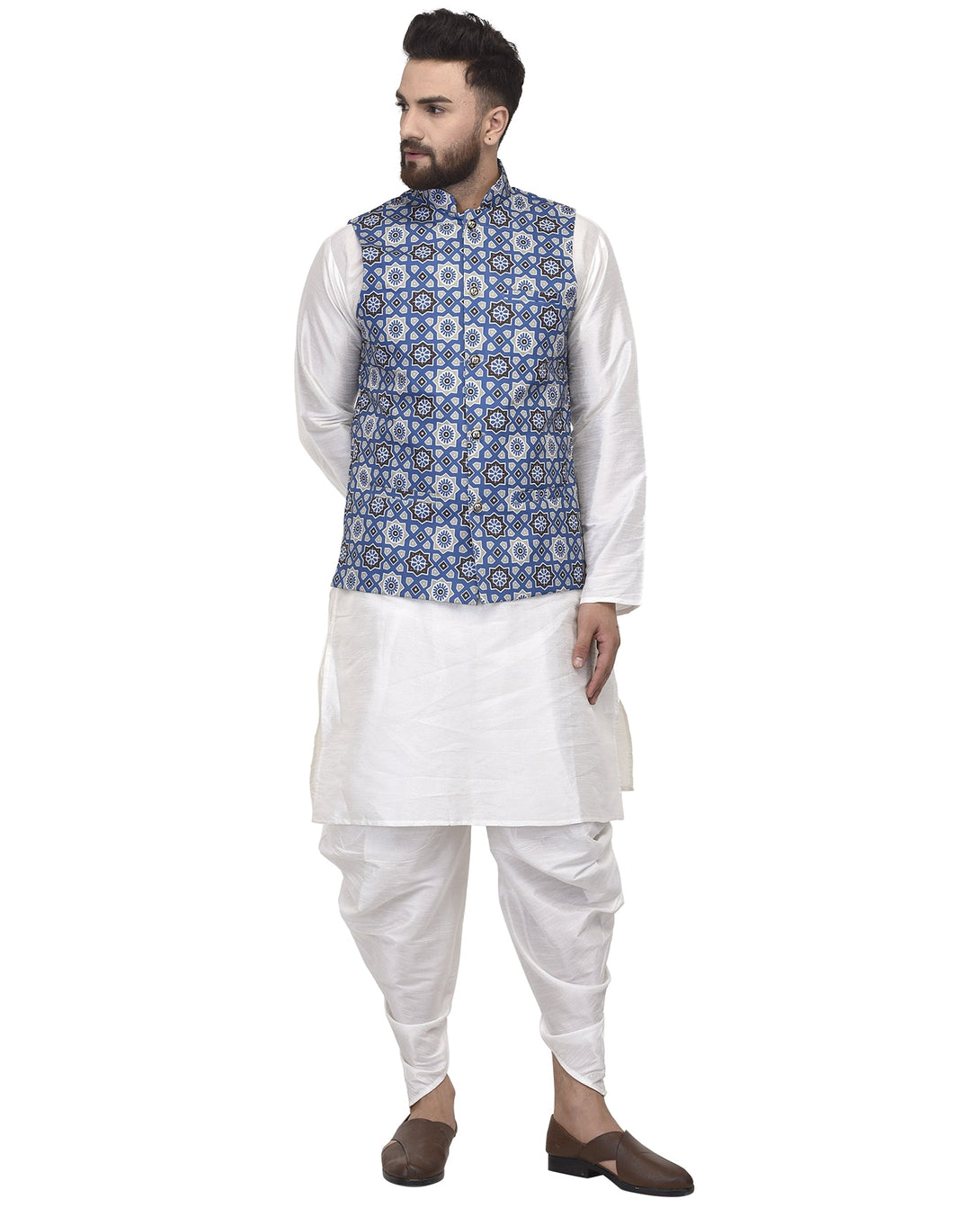 Men's White Kurta With Dhoti & Blue Printed Nehru Jacket - Benstoke