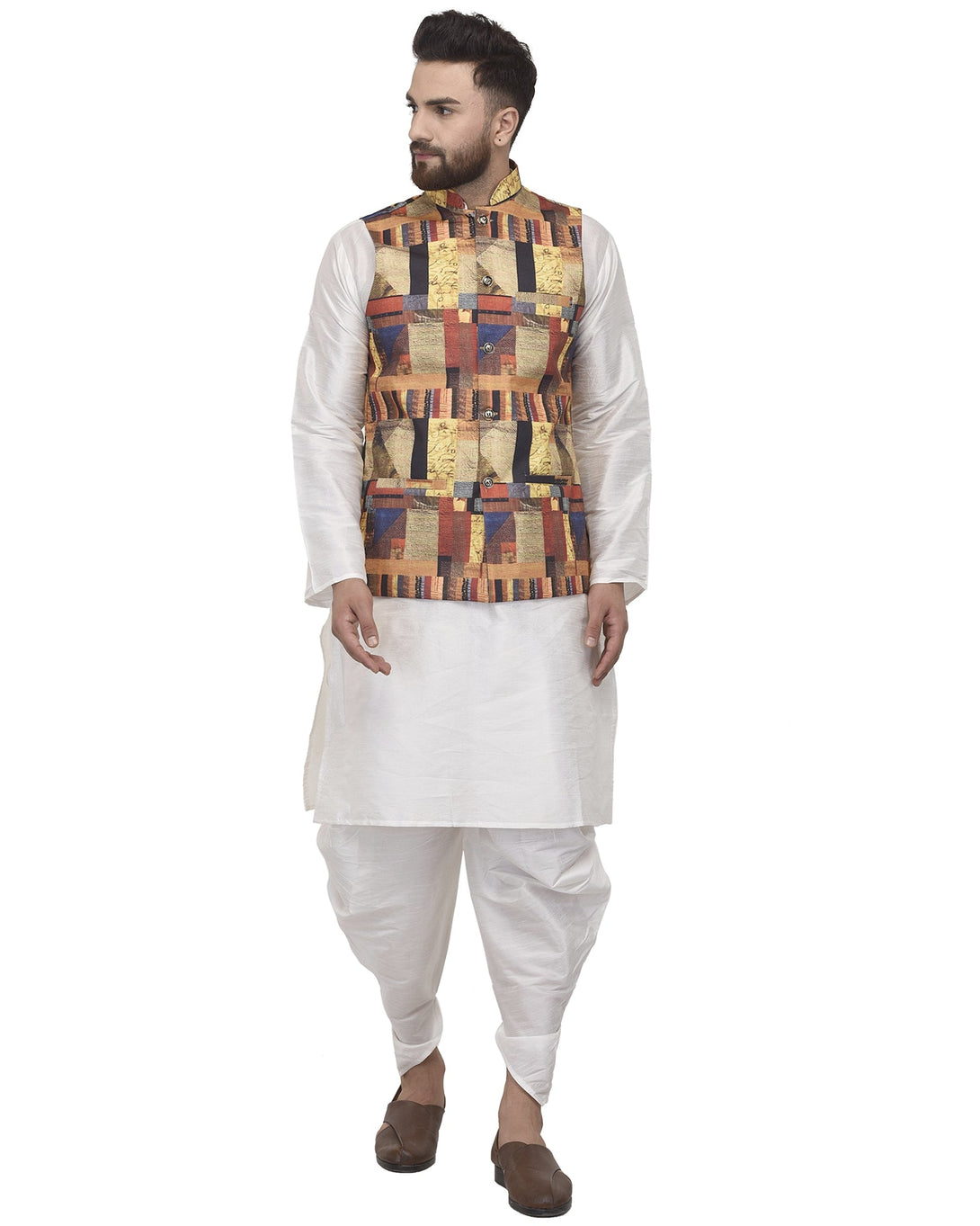 Men's White Kurta With Dhoti & Multi Printed Nehru Jacket - Benstoke