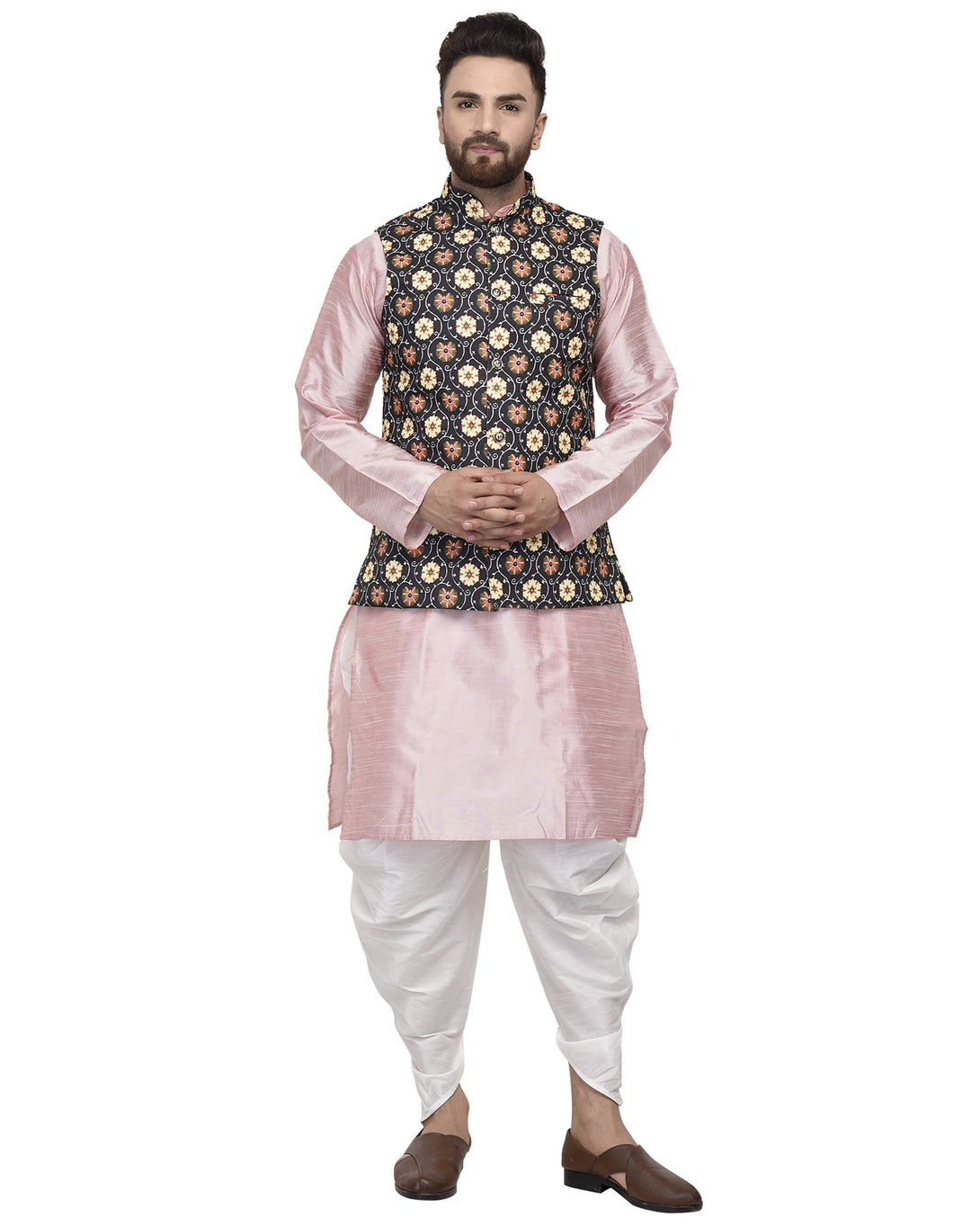 Men's Pink Kurta With White Dhoti & Black Printed Nehru Jacket - Benstoke