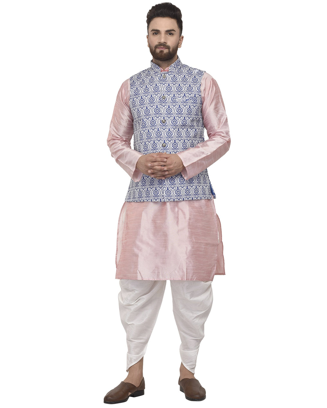 Men's Pink Kurta With White Dhoti & Blue Printed Nehru Jacket - Benstoke