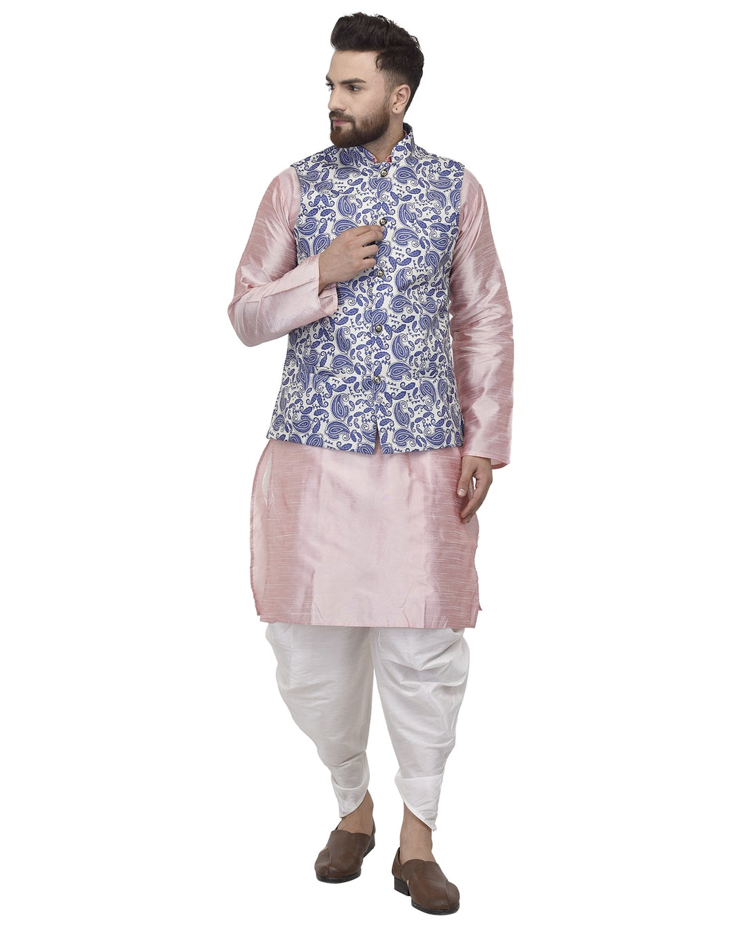 Men's Pink Kurta With White Dhoti & Blue Printed Nehru Jacket - Benstoke