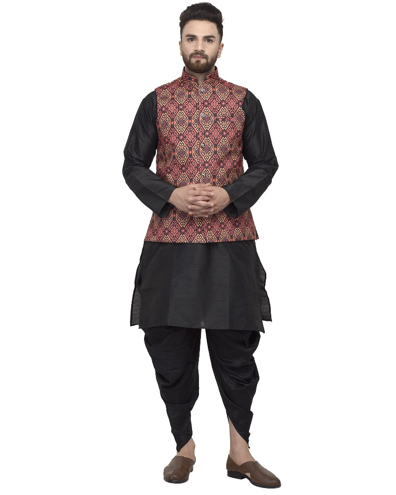 Men's Black Kurta With Dhoti & Multi Printed Nehru Jacket - Benstoke