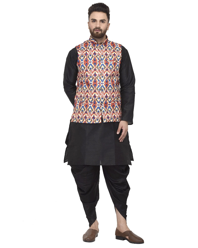 Men's Black Kurta With Dhoti & Multi Printed Nehru Jacket - Benstoke