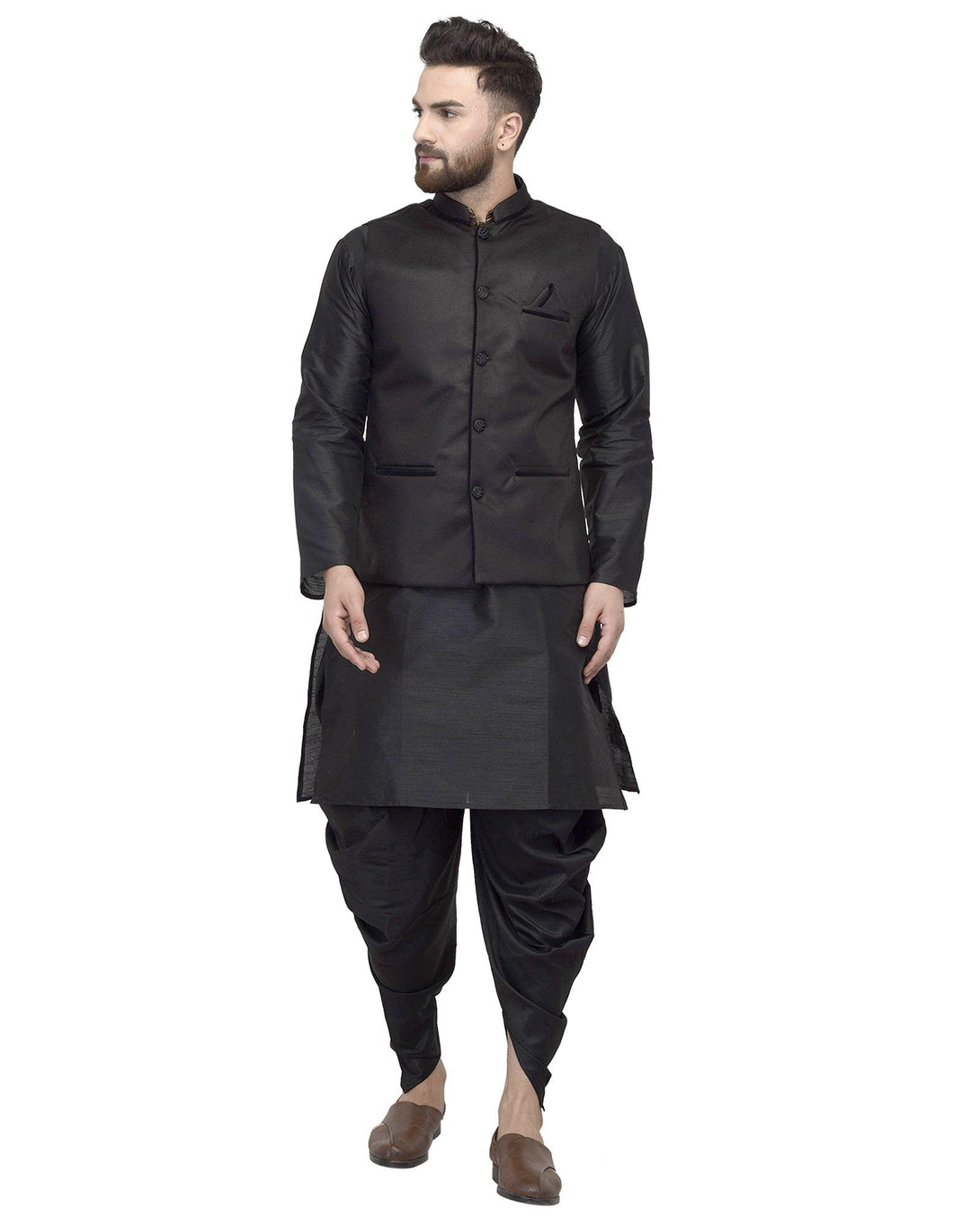 Men's Black Kurta With Dhoti & Black Solid Nehru Jacket - Benstoke - Indiakreations