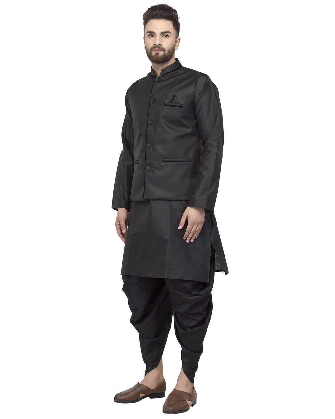 Men's Black Kurta With Dhoti & Black Solid Nehru Jacket - Benstoke - Indiakreations