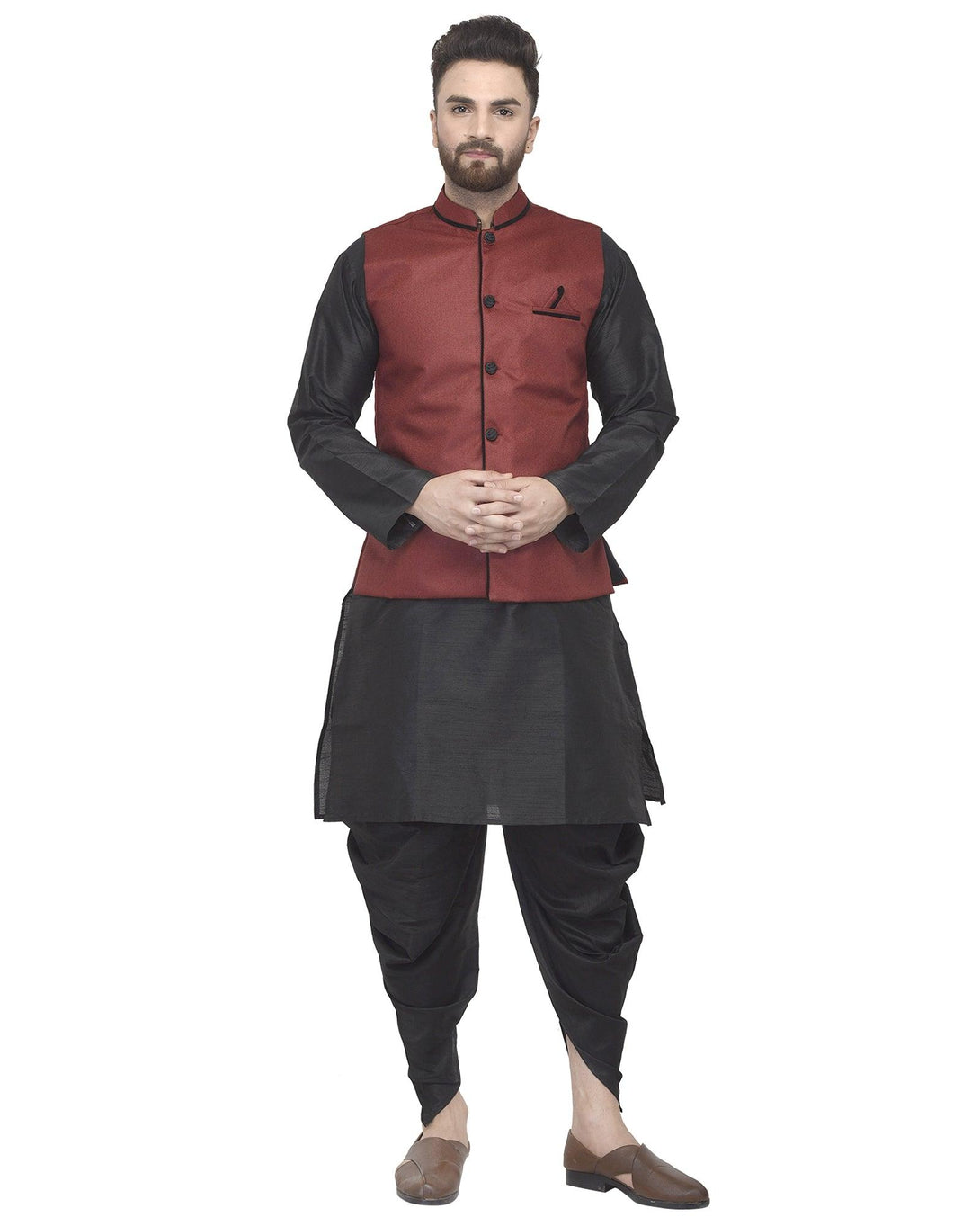 Men's Black Kurta With Dhoti & Maroon Solid Nehru Jacket - Benstoke - Indiakreations