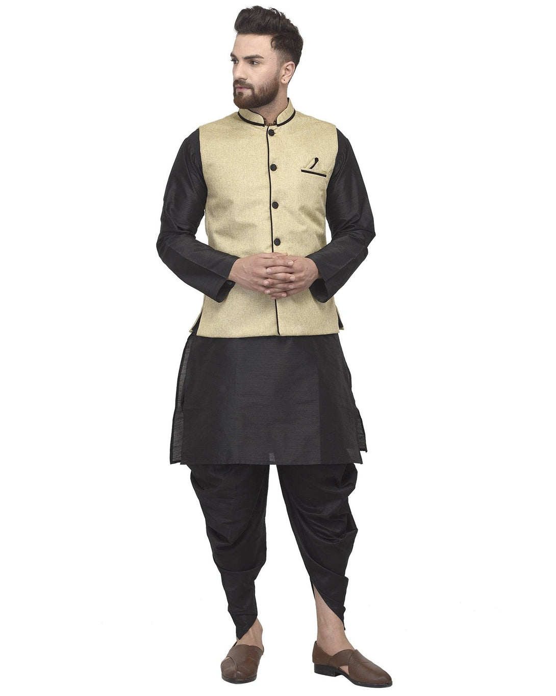 Men's Black Kurta With Dhoti & Beige Solid Nehru Jacket - Benstoke - Indiakreations