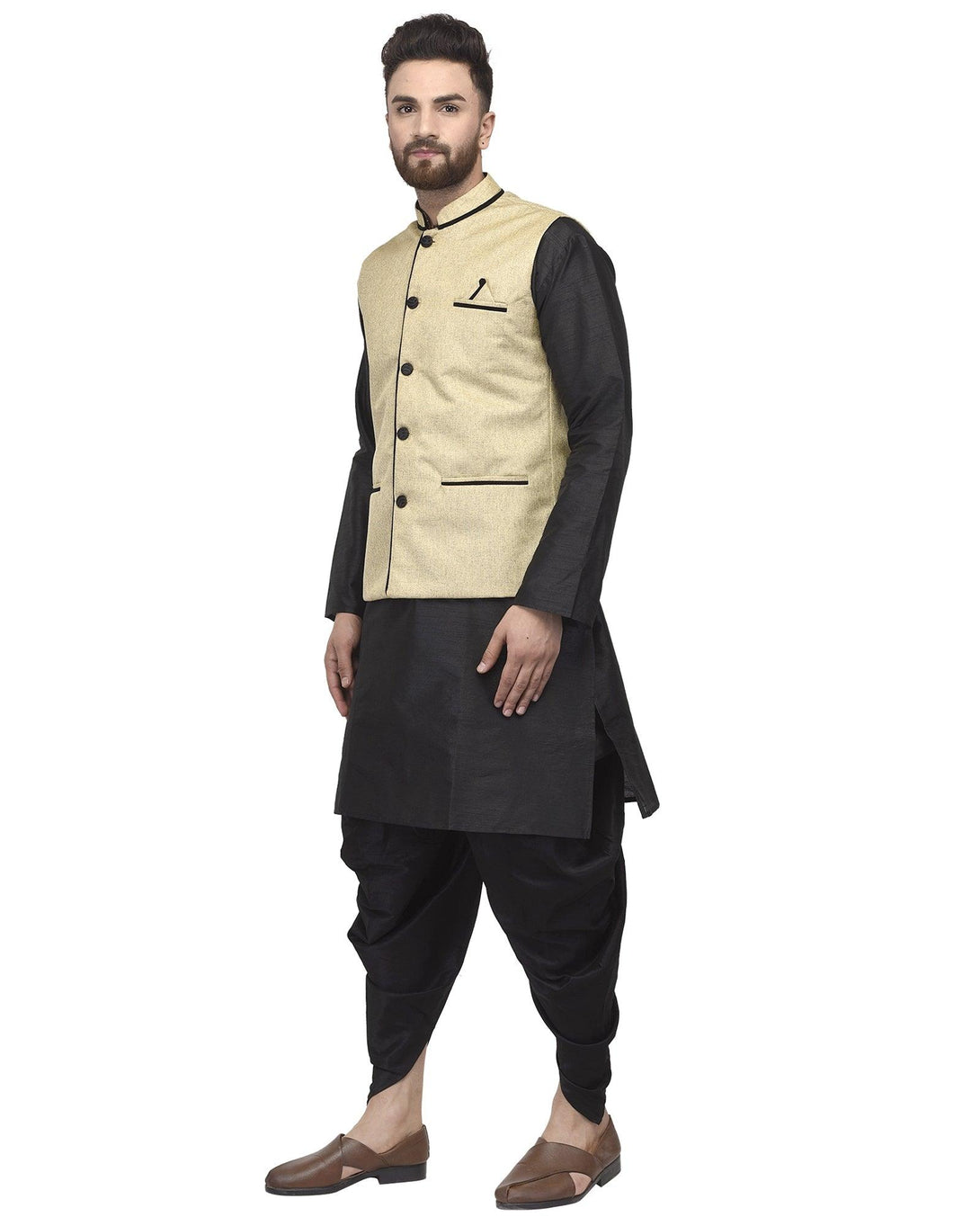 Men's Black Kurta With Dhoti & Beige Solid Nehru Jacket - Benstoke - Indiakreations