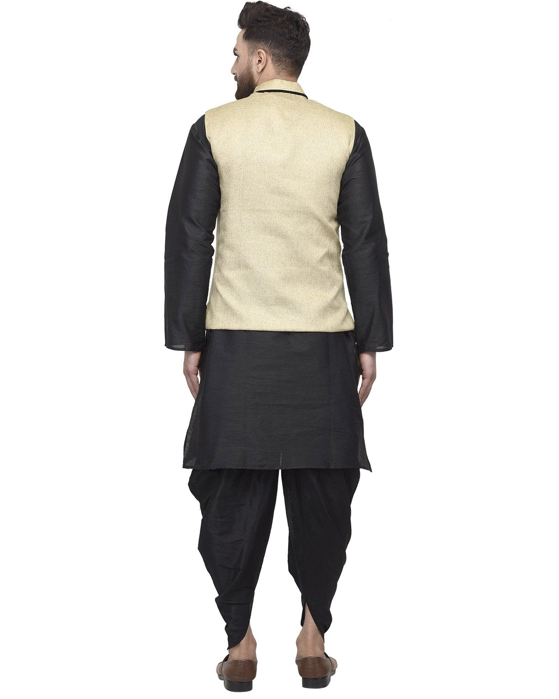 Men's Black Kurta With Dhoti & Beige Solid Nehru Jacket - Benstoke - Indiakreations