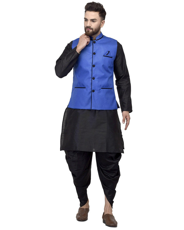 Men's Black Kurta With Dhoti & Royal Blue Solid Nehru Jacket - Benstoke - Indiakreations