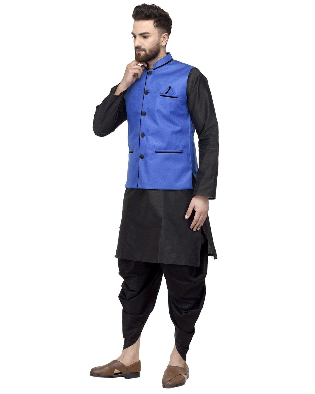 Men's Black Kurta With Dhoti & Royal Blue Solid Nehru Jacket - Benstoke - Indiakreations