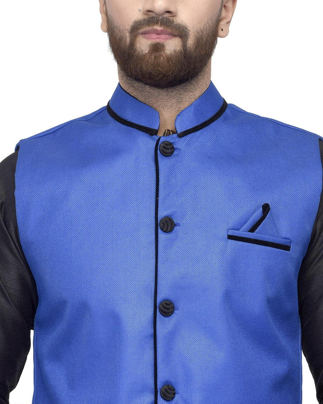 Men's Black Kurta With Dhoti & Royal Blue Solid Nehru Jacket - Benstoke - Indiakreations