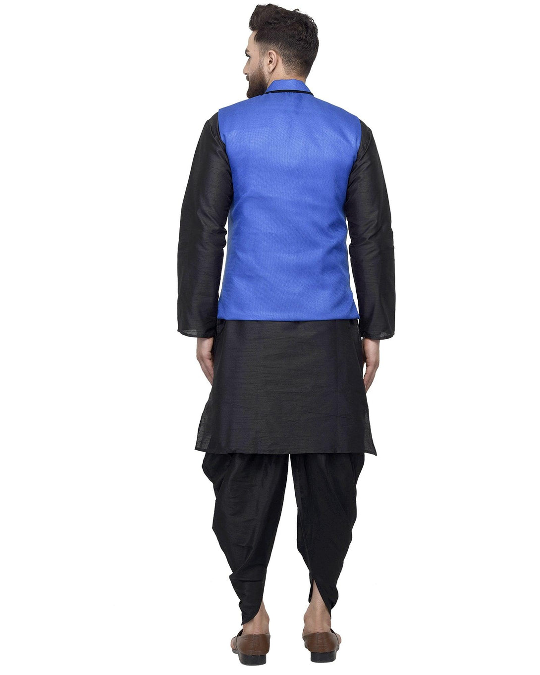 Men's Black Kurta With Dhoti & Royal Blue Solid Nehru Jacket - Benstoke - Indiakreations