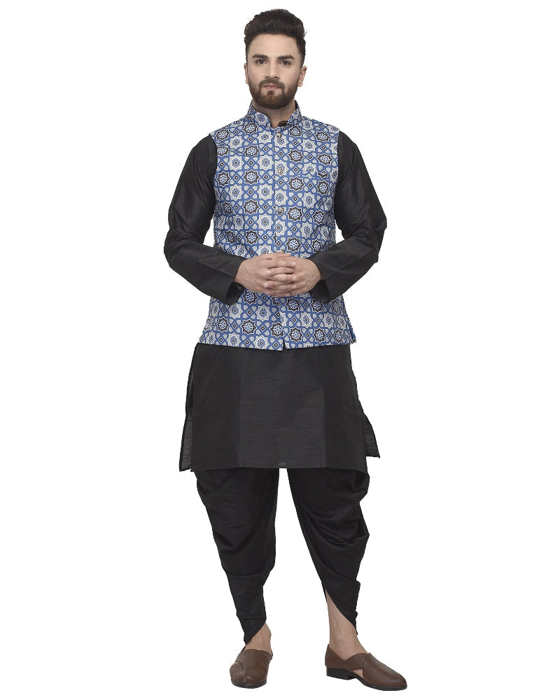 Men's Black Kurta With Dhoti & Blue Printed Nehru Jacket - Benstoke