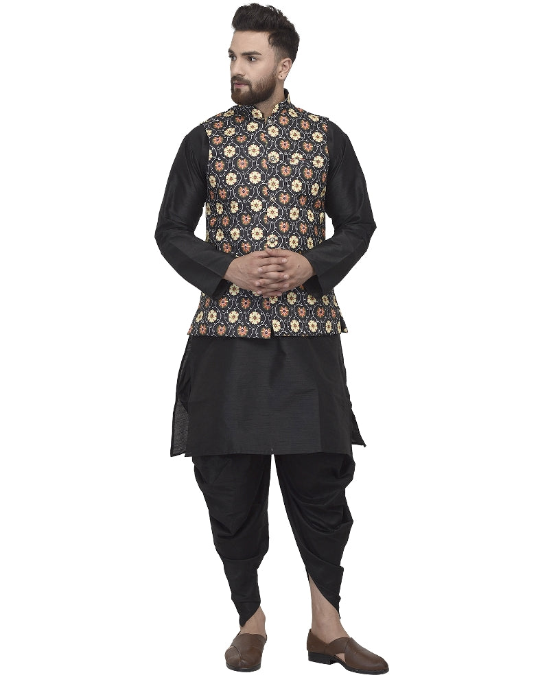 Men's Black Kurta With Dhoti & Multi Printed Nehru Jacket - Benstoke