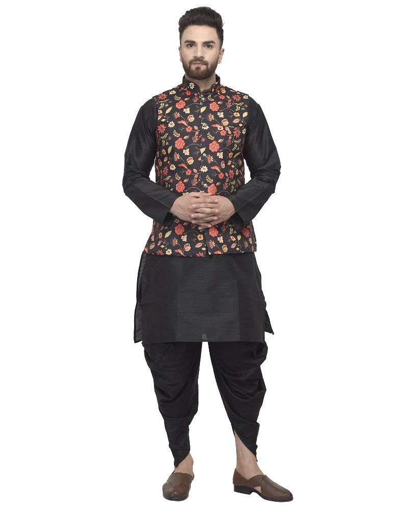 Men's Black Kurta With Dhoti & Multi Printed Nehru Jacket - Benstoke