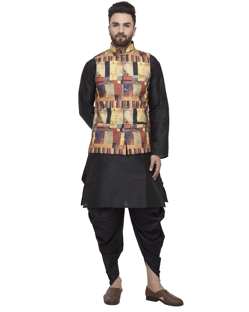 Men's Black Kurta With Dhoti & Multi Printed Nehru Jacket - Benstoke