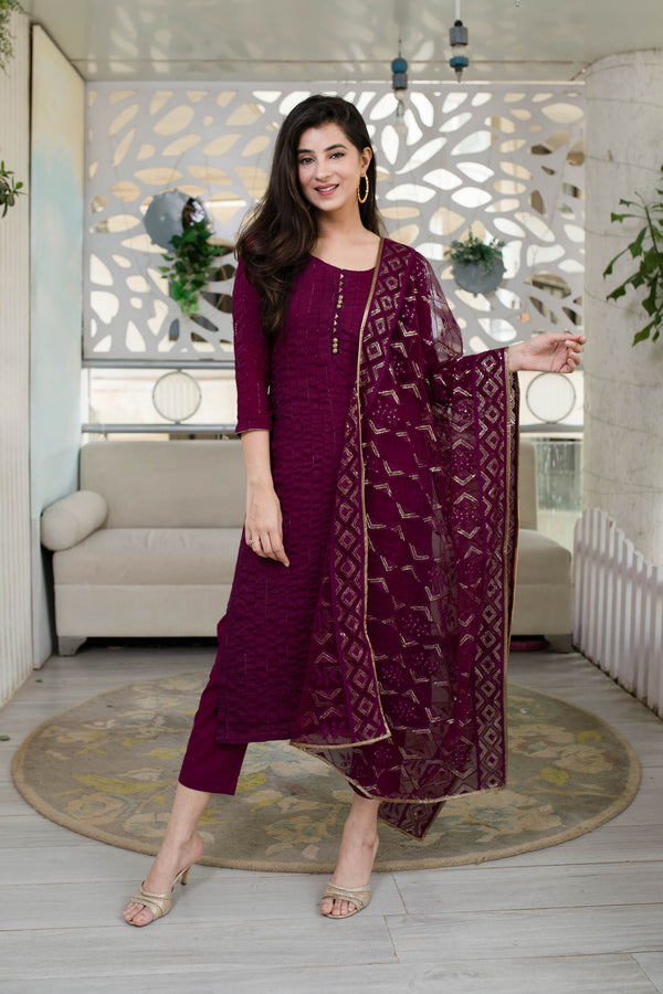 Women's Red Wine Glitter Kurta Set (3 Pc Set) - Label Shaurya Sanadhya