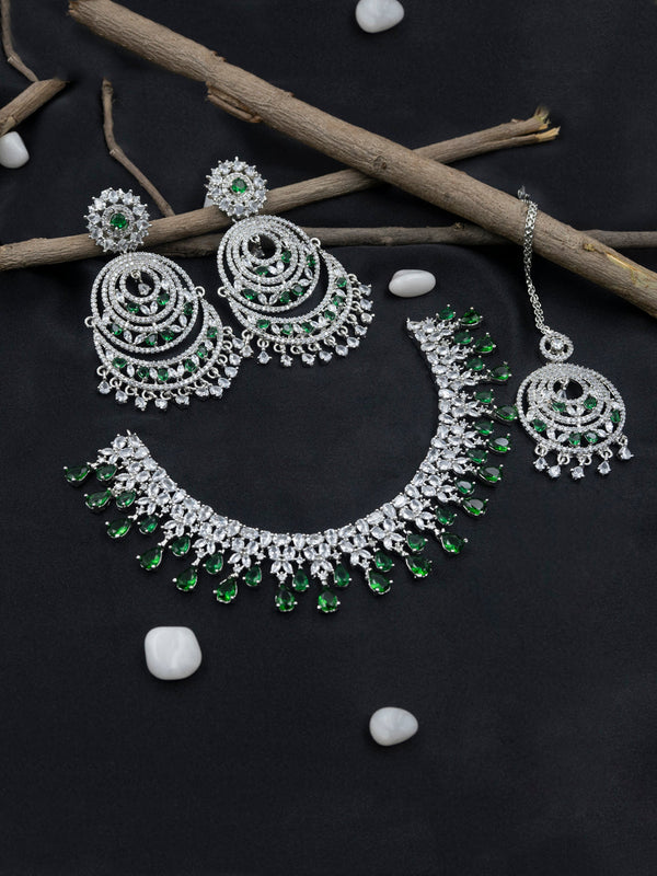 Women's Aadika Cz Bridal Necklace With Danglers And Maangtika - Stileadda