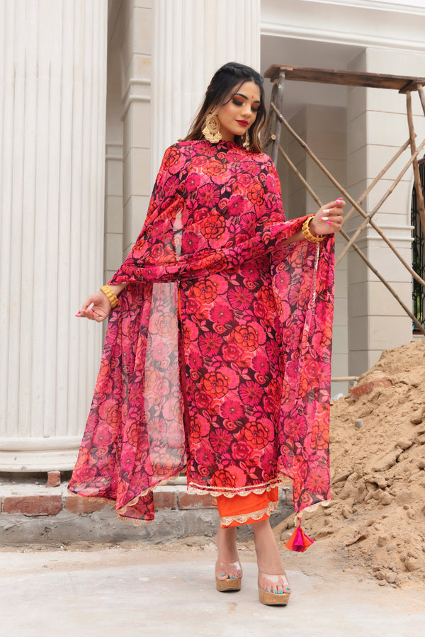 Women's orange phool jaal chiffon suit set - Pomcha Jaipur