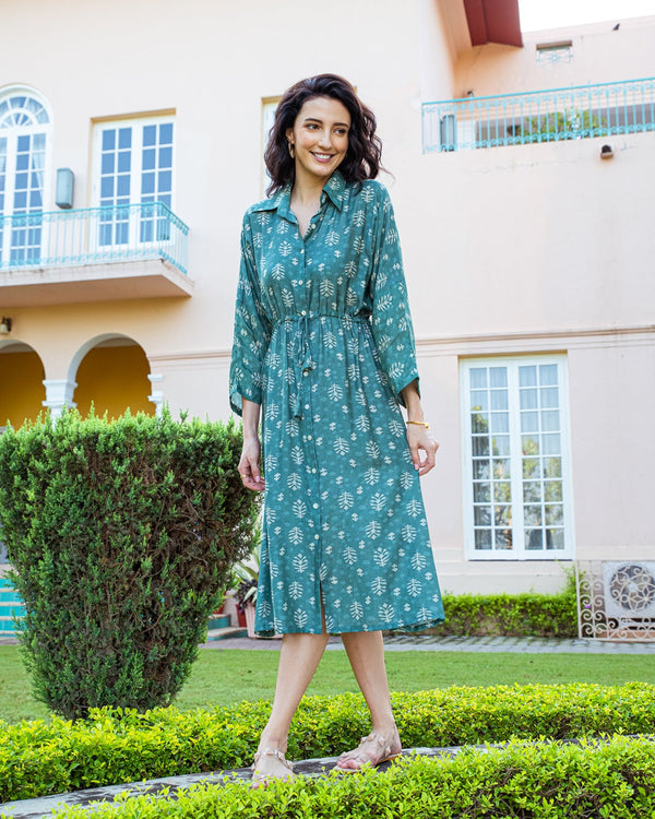 GREEN PRINTED MIDI DRESS