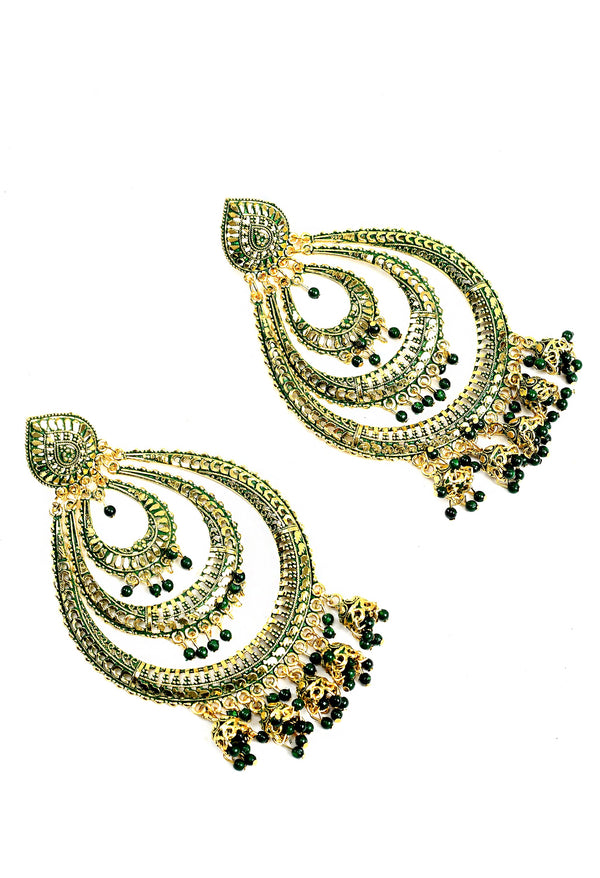 Women's Golden And Green Colour Earrings With Pearl - Tehzeeb