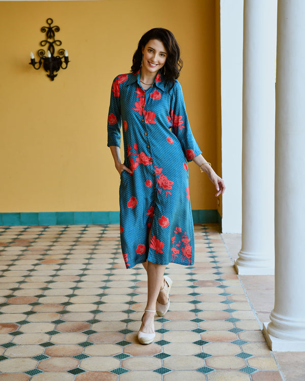 BLUE PRINTED LONG ALINE SHIRT DRESS