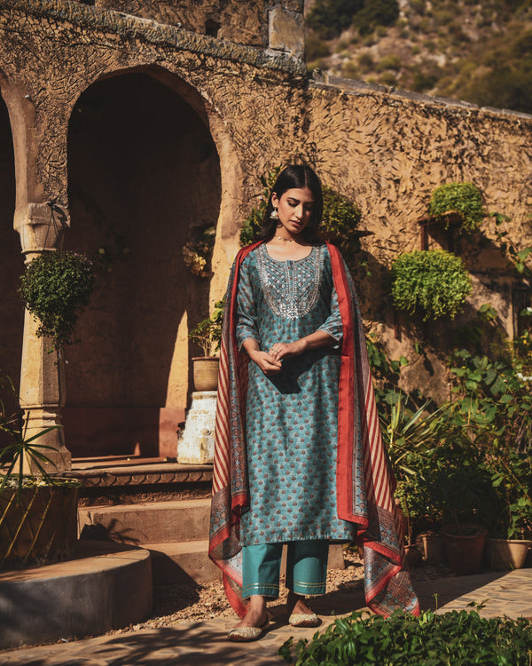 TURQUOISE GOTA PATTI KURTA SET