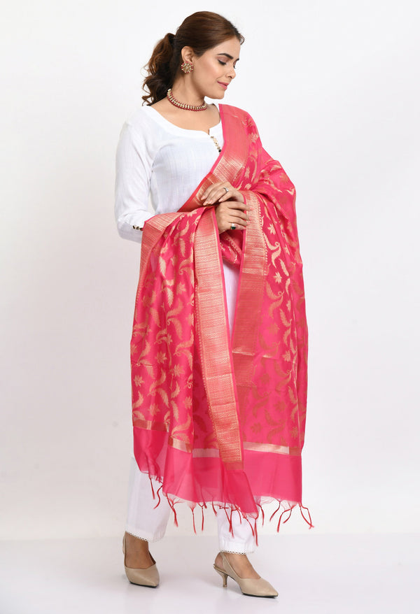 Women's Banarsi Silk Floral Woven Design Pink Dupatta - Moeza