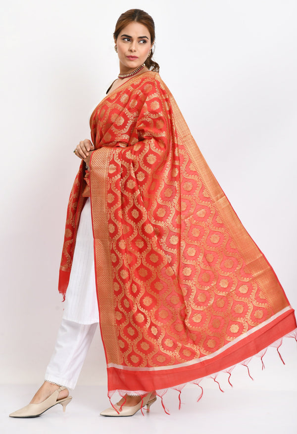 Women's Banarsi Silk All Over  Woven Design Red Dupatta - Moeza