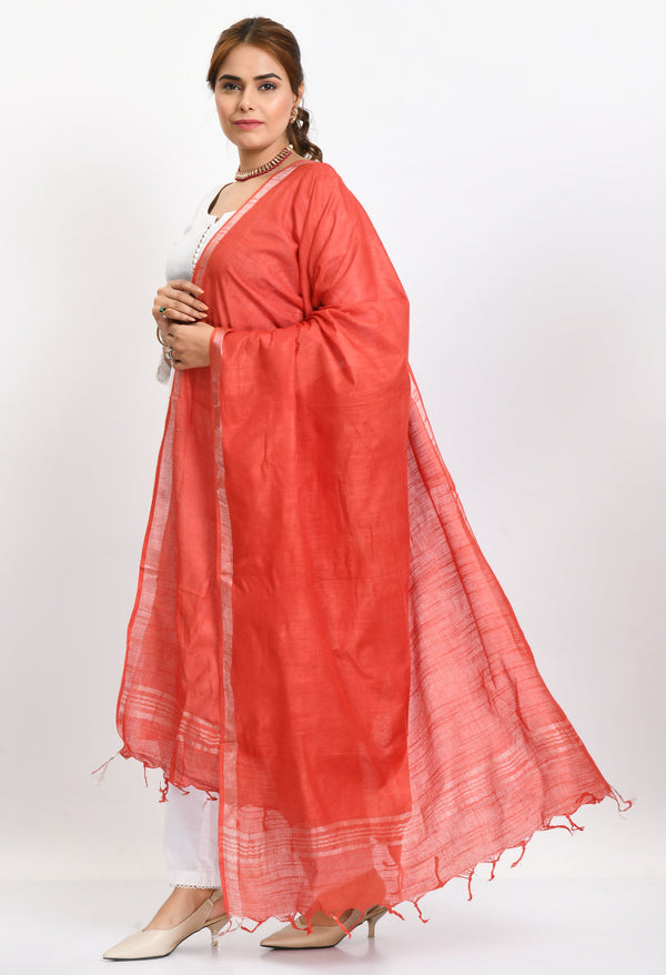 Women's Linen Cotton Silver Border Red Dupatta - Moeza