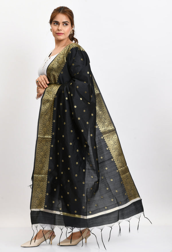 Women's Banarsi Silk Woven Design Black Dupatta - Moeza