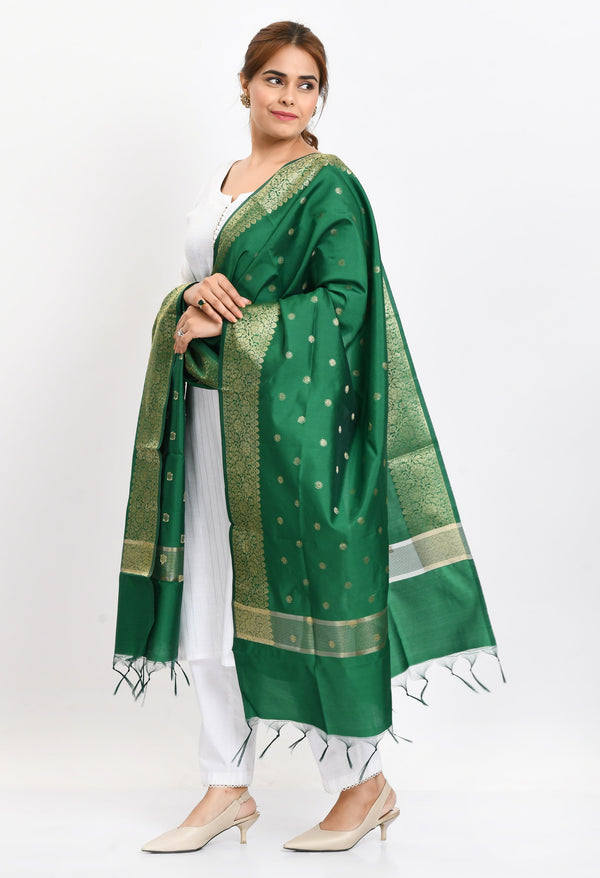 Women's Banarsi Silk Woven Design Green Dupatta - Moeza