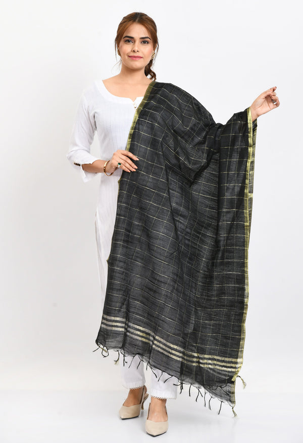 Women's Cotton Zari Box Black Dupatta - Moeza