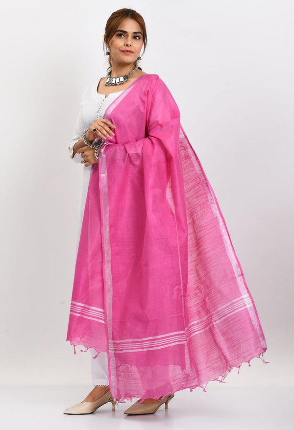 Women's Linen Cotton Silver Border Dark Pink Dupatta - Moeza