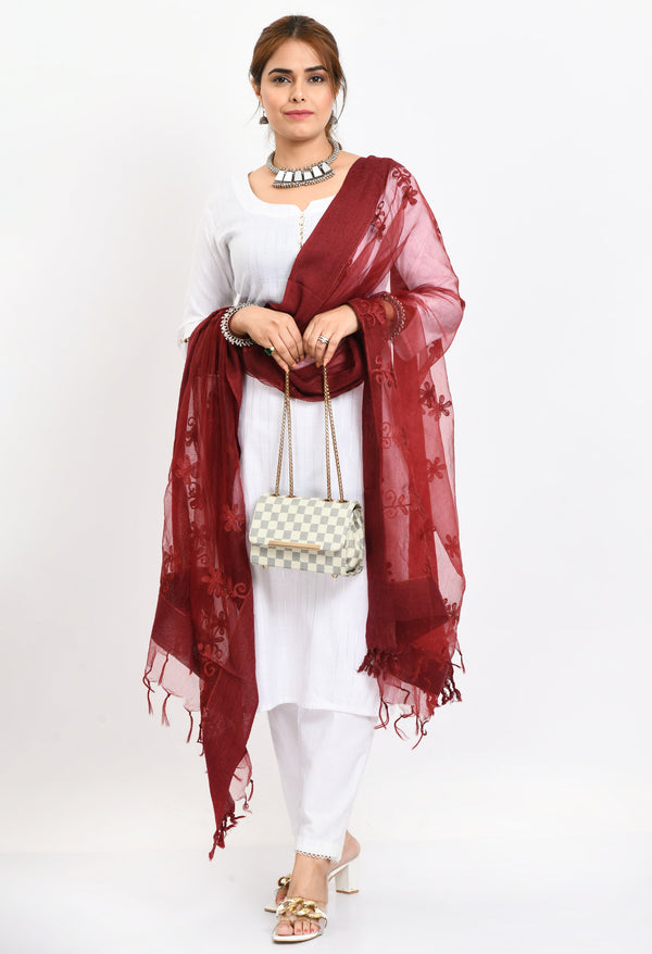 Women's Orgenza All Over Chikan Work Maroon Dupatta - Moeza