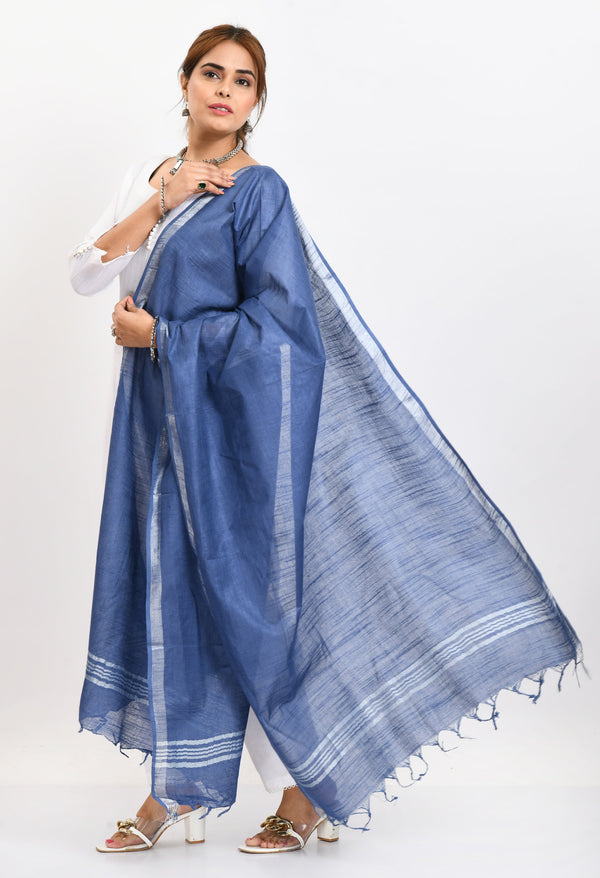 Women's Linen Cotton Silver Border Blue Dupatta - Moeza