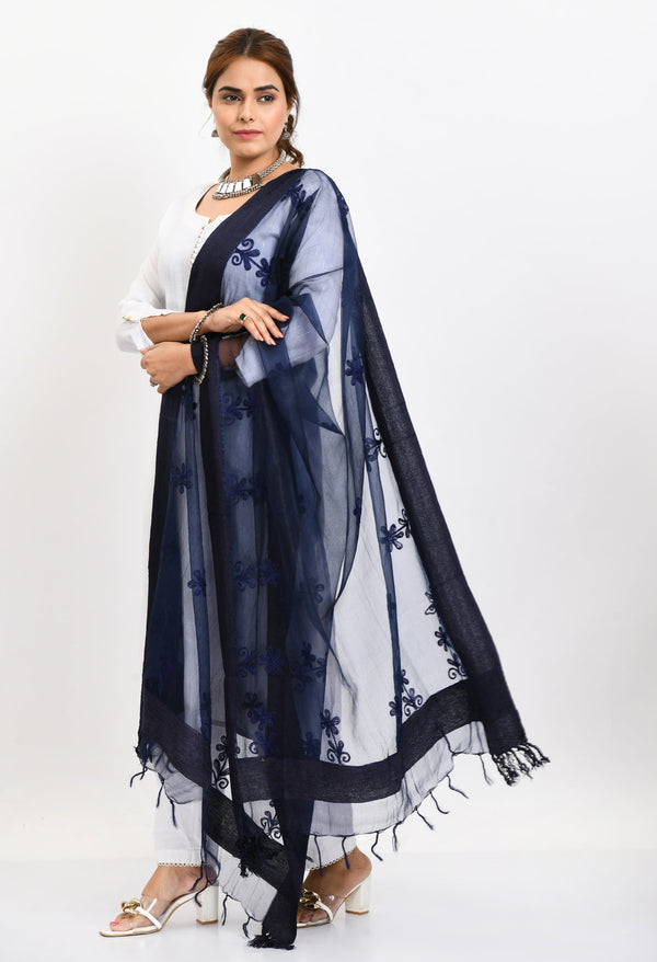 Women's Orgenza All Over Chikan Work Navy Blue Dupatta - Moeza