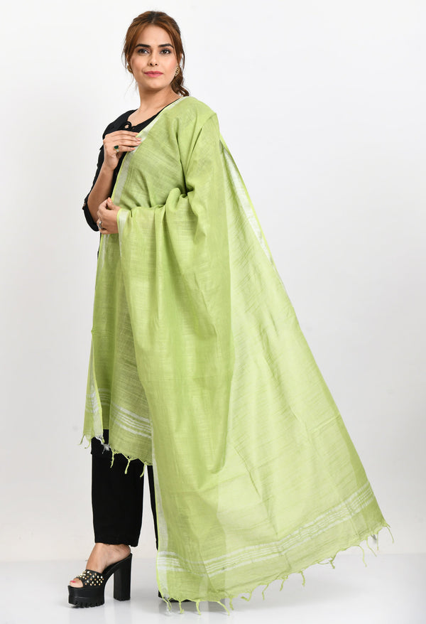 Women's Linen Cotton Silver Border Parrot Green Dupatta - Moeza