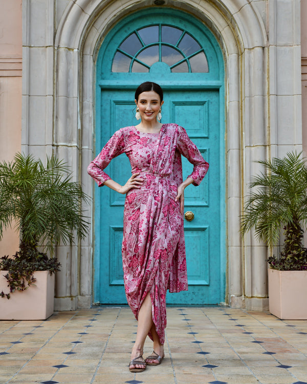 ROUGE PINK MUSLIN PRE-DRAPED SAREE