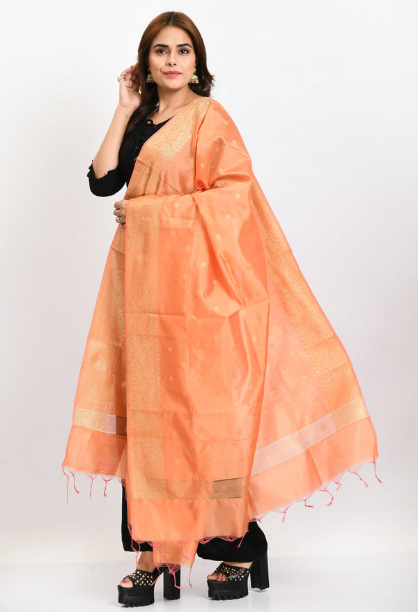 Women's Banarsi Silk Woven Design Peach Dupatta - Moeza