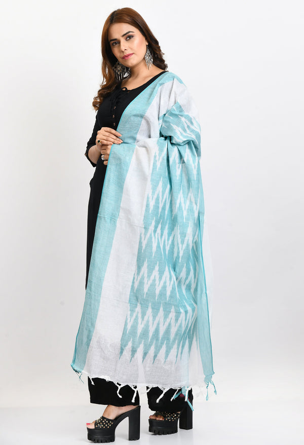 Women's Handloom Cotton Ikkat Sea Green Dupatta - Moeza