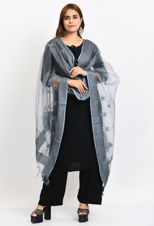 Women's Orgenza All Over Chikan Work Grey Dupatta - Moeza