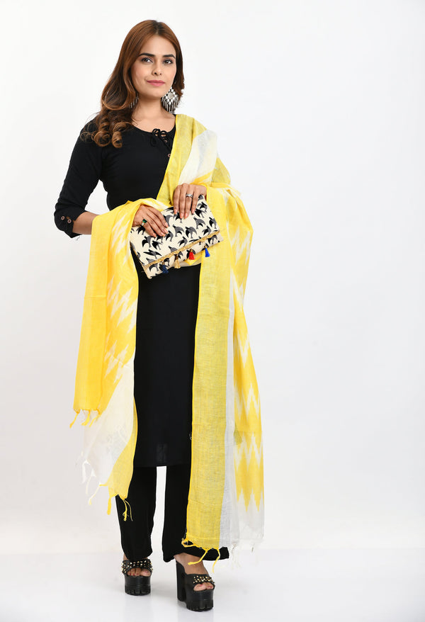 Women's Handloom Cotton Ikkat Yellow Dupatta - Moeza